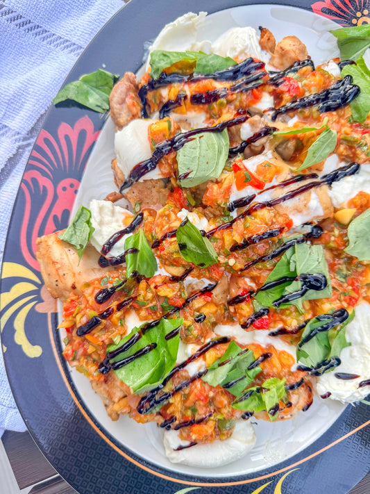 Smoked Peach Basil Burrata Chicken with Balsamic Glaze